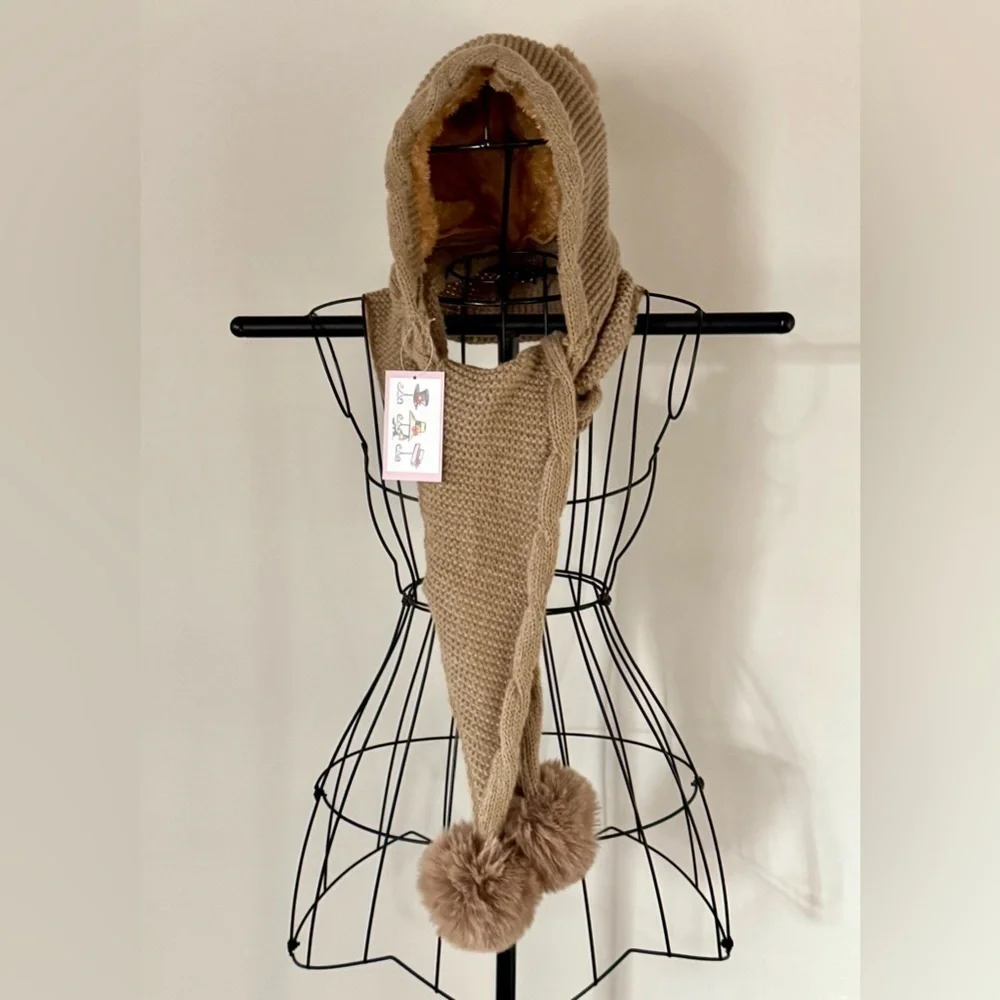 New Cozy Warm Brown Adult Size Cable Knit Hat w/ Scarf & Faux Fur Pom Poms